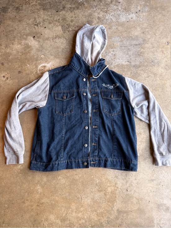 Other - H Men's Denim Bomber Jacket Hooded Graphic Blue Gray Button Size L 42-44